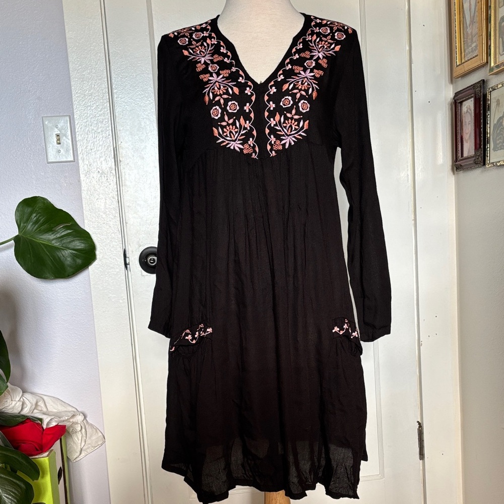World Market Cotton Black Dress with Pink Embroidery
